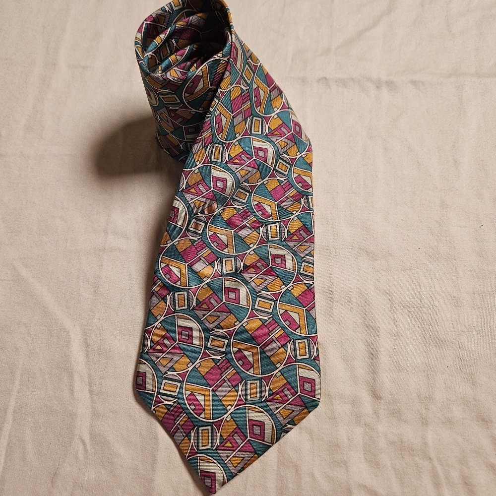 VTG Christian Dior Monsieur Silk Tie Geometric Abstract Teal Gold Grey Italy USA